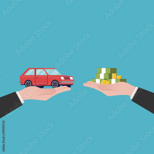 Flat illustration car sales. The transfer of money and the machine out of the hands. Red vehicle. Vector image in a cartoon style isolated on a blue background.