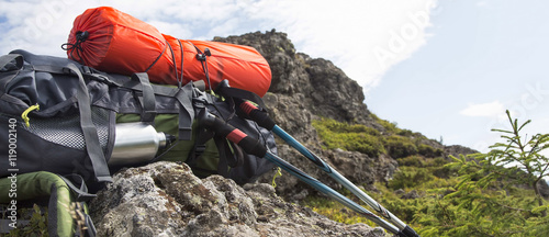 Mountain backpack,isoprene and trekking sticks equipment