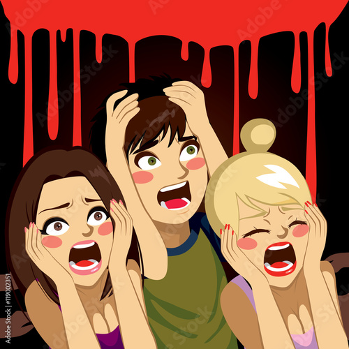 Teenagers screaming in Halloween night with blood on background
