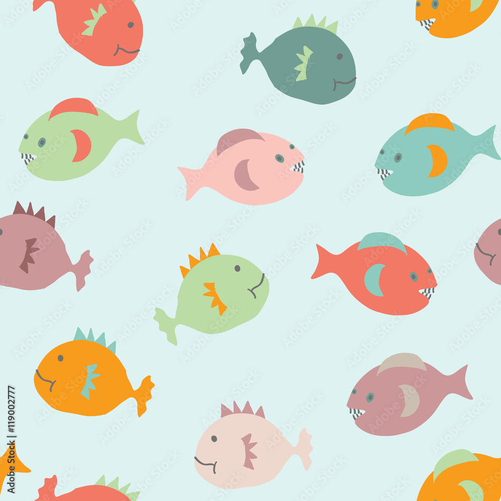 Cheerful eamless pattern with doodle fish