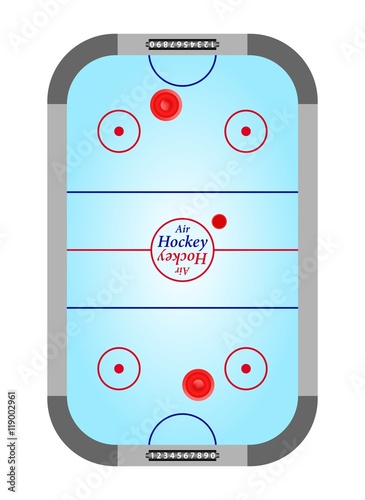 Blue table air hockey with rinks and gray with black counters of on the wicket blue hockey surface and the red and blue lines on a white background. Top view of Air Hockey with red puck