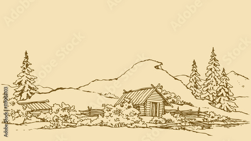 Vector drawing. Ancient rural landscape