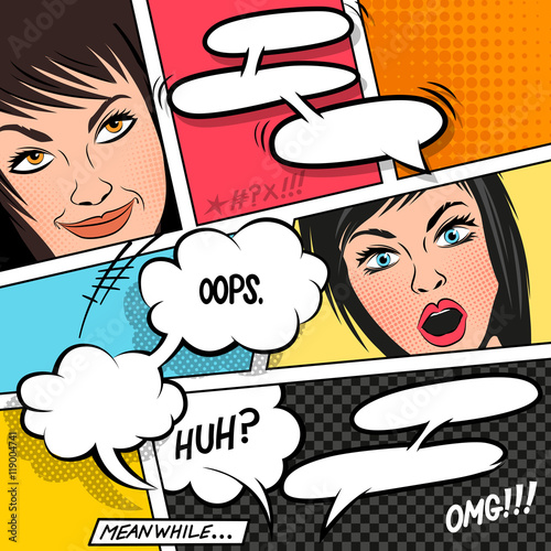 Comic Speech Bubbles on a comic strip background with women. vector illustration