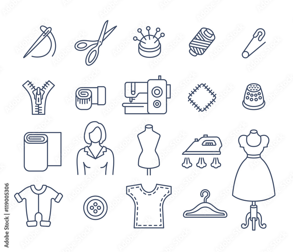 Sewing icons flat thin line vector set. Outline tools and accessories ...