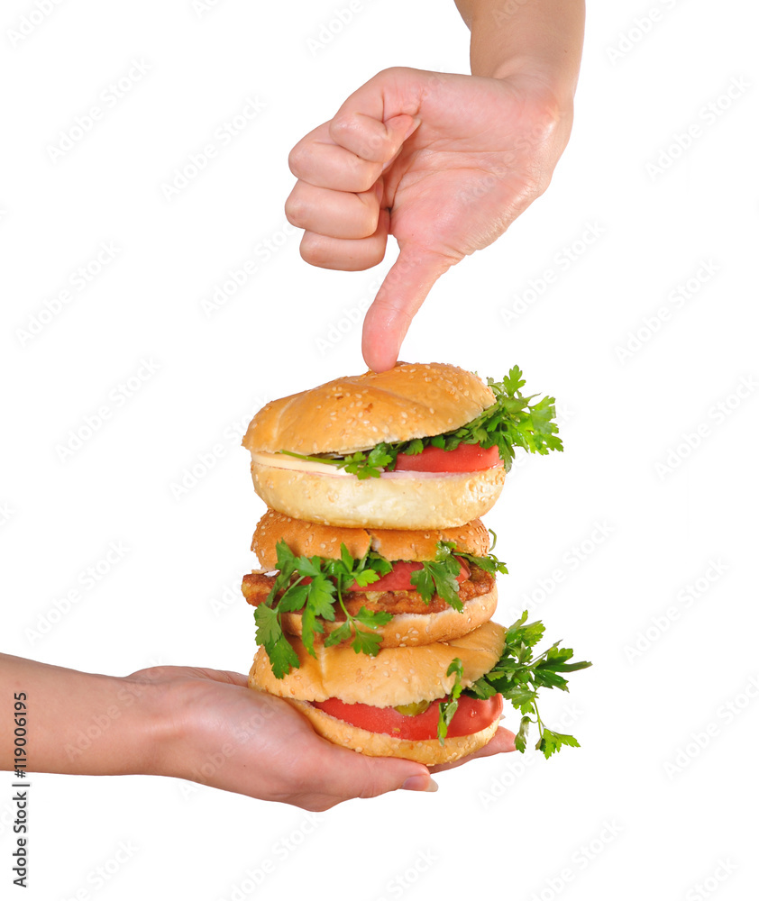 Beautiful female hands hold three burger. Closeup. Beautiful female hands hold three burger. Closeup.