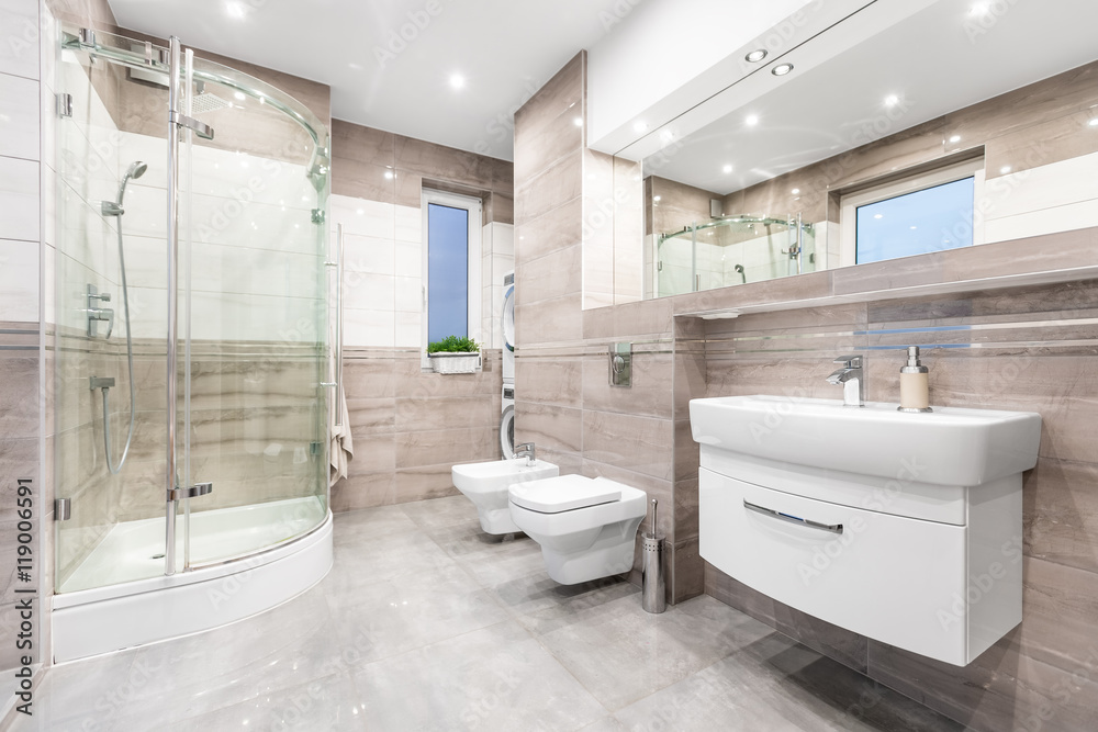 Perfect bathroom - spacious and functional - obrazy, fototapety, plakaty 