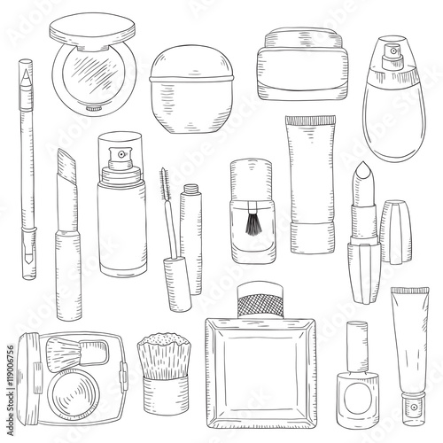 Hand drawn cosmetics set. Beauty and makeup.