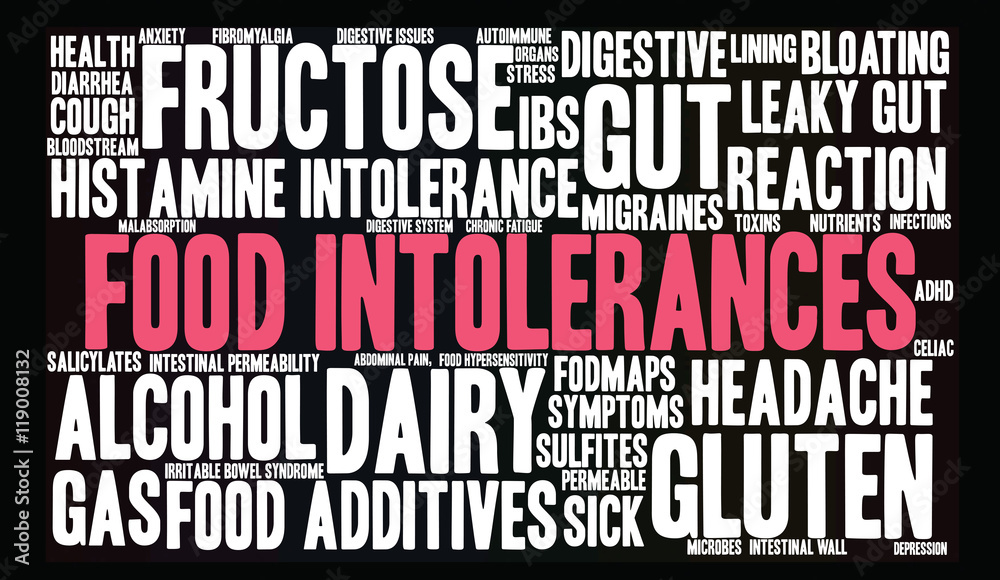 Food Intolerances word cloud on a black background. 