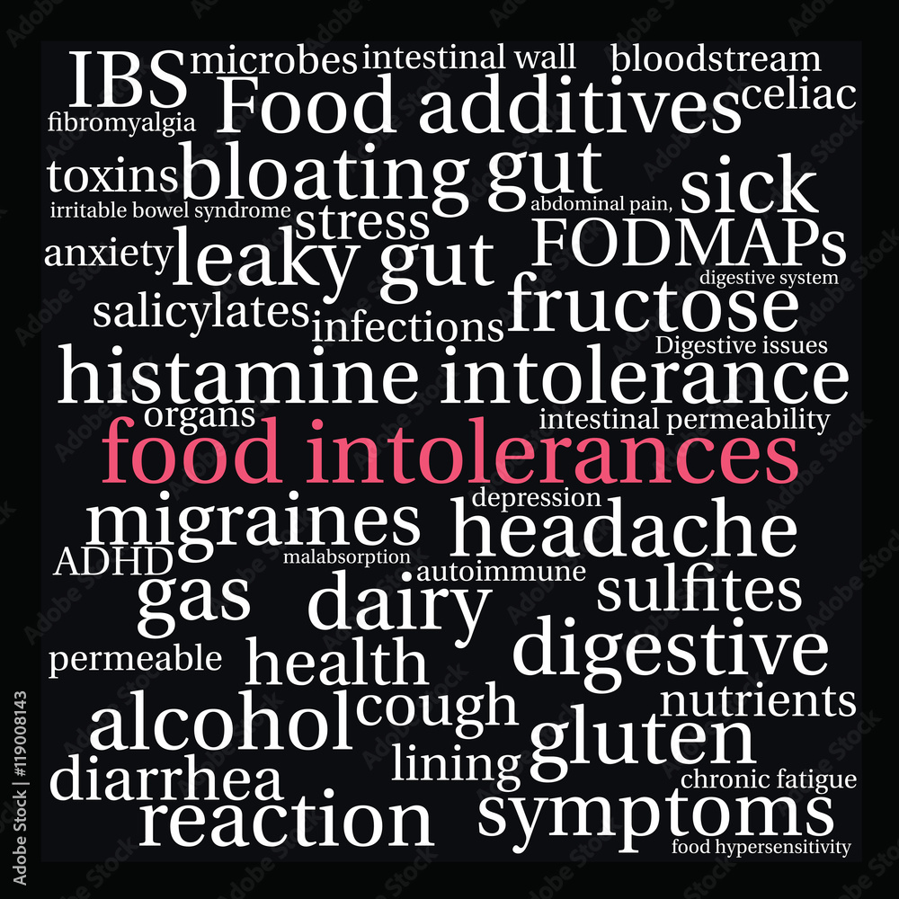 Food Intolerances word cloud on a black background. Food Intolerances word cloud on a black background.