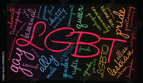 LGBT Word Cloud on a black background. 