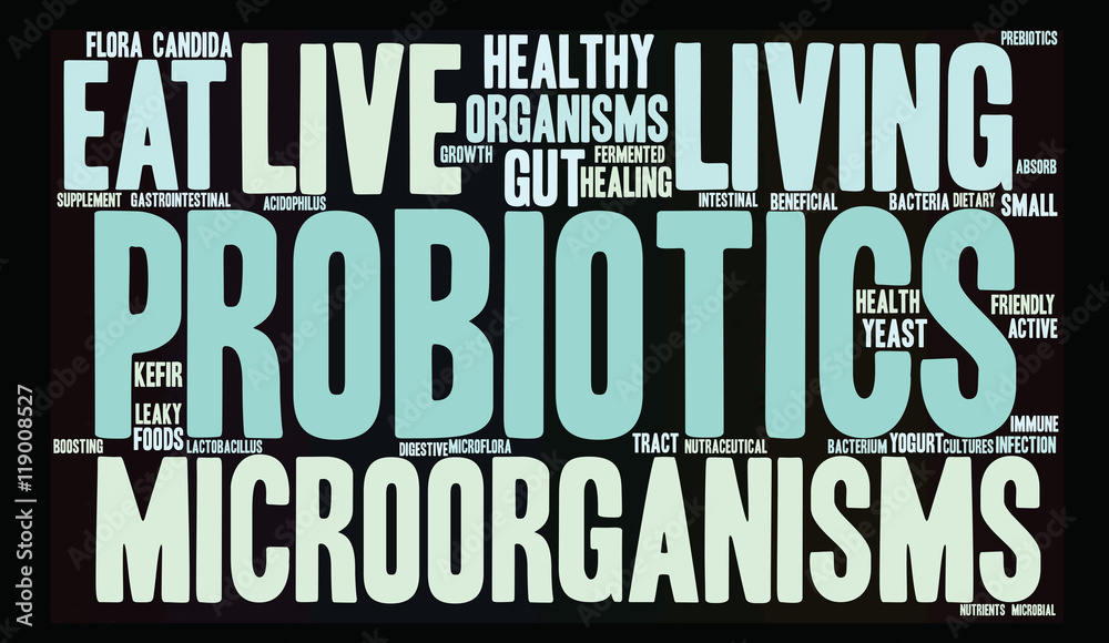 Probiotics Word Cloud on a black background. Probiotics Word Cloud on a black background.