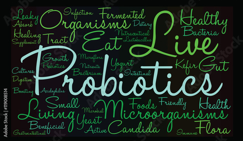 Probiotics Word Cloud on a black background.
