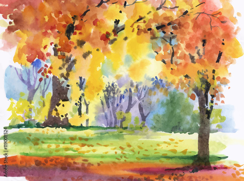 Watercolor autumn park yellow trees.