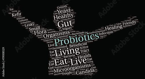 Probiotics Word Cloud on a black background.
