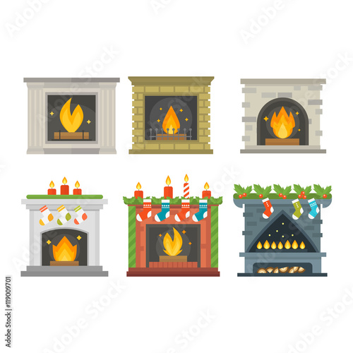 Set of vector fireplace icons and fireplace design. Fireplace house room warm christmas silhouette. Fireplace flame bright decoration coal furnace. Comfortable warmth fireplace collection.