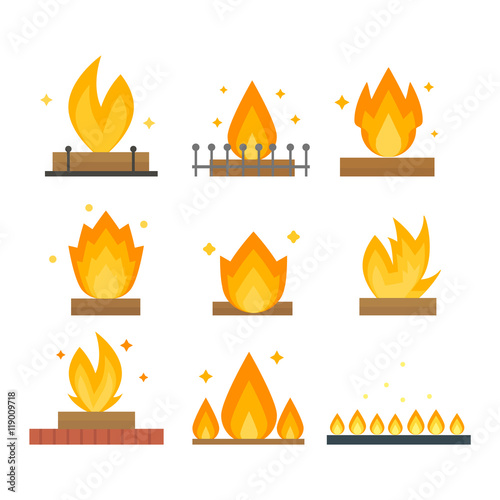 Fire flame hot burn and fire flame vector icon. Warm inferno danger fire flame and cooking yellow fire flame. Orange light blazing campfire ignite fire flame design and detail fireplace passion sign.