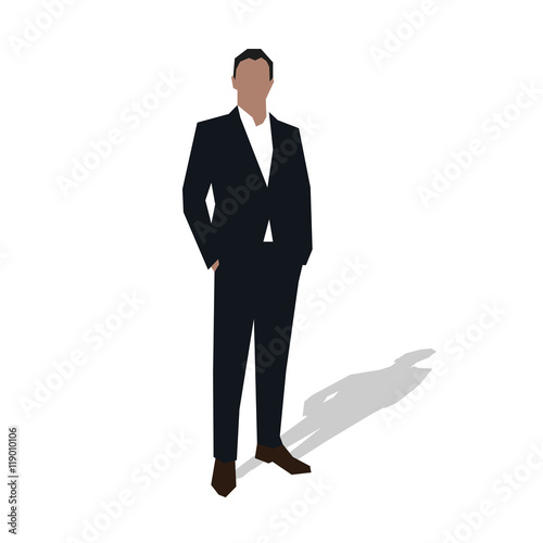 Businessman in suit standing with hands in pockets. Young succes