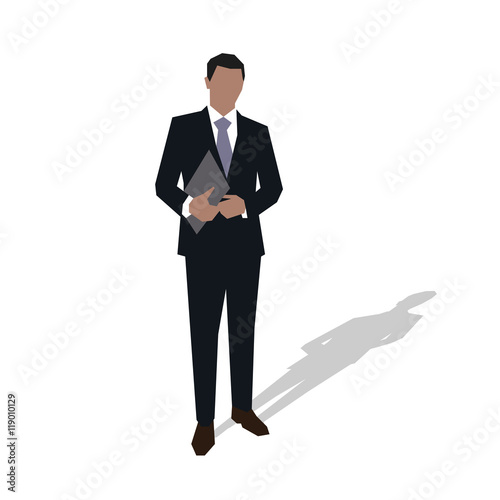Business man in suit standing and holding hands documents. Vecto