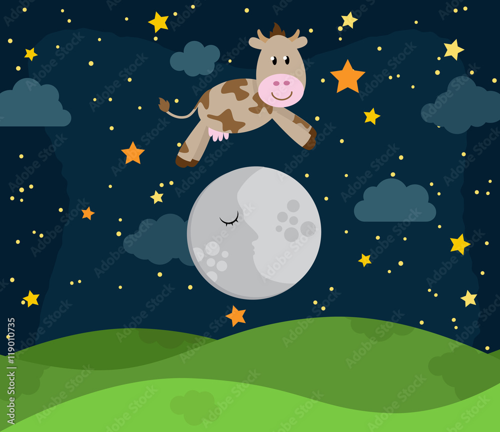 Φωτογραφία Hey Diddle Diddle Nursery Rhyme Landscape with Cow Jumping Over the Moon