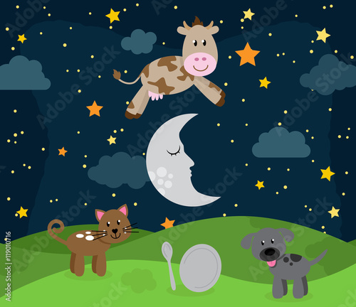 Hey Diddle Diddle Nursery Rhyme Landscape with Cow Jumping Over the Moon