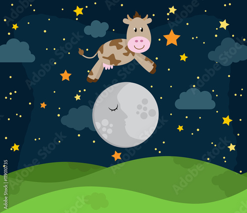 Hey Diddle Diddle Nursery Rhyme Landscape with Cow Jumping Over the Moon