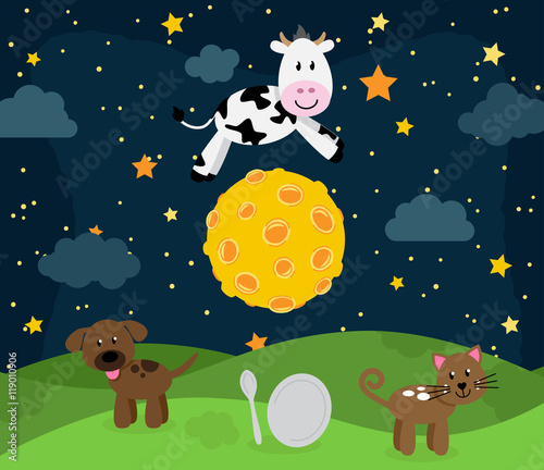 Hey Diddle Diddle Nursery Rhyme Landscape with Cow Jumping Over the Moon
