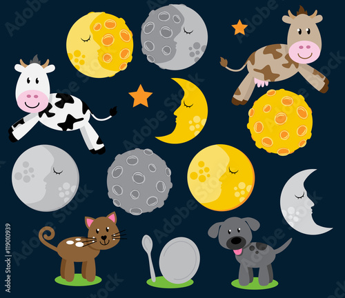 Hey Diddle Diddle Nursery Rhyme Landscape with Cow Jumping Over the Moon