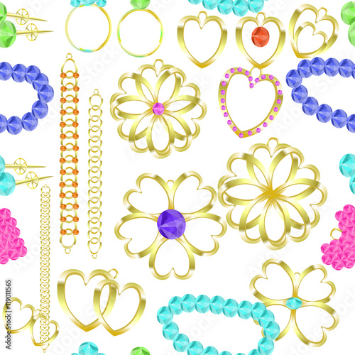 seamless pattern of gold jewelry rings, chains, earrings, neckla photo