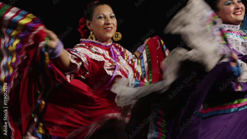 Slow motion shot of Mexican women in traditional dress dancing in the dark - 4K