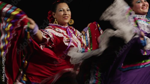 Slow motion shot of Mexican women in traditional dress dancing in the dark - 4K
