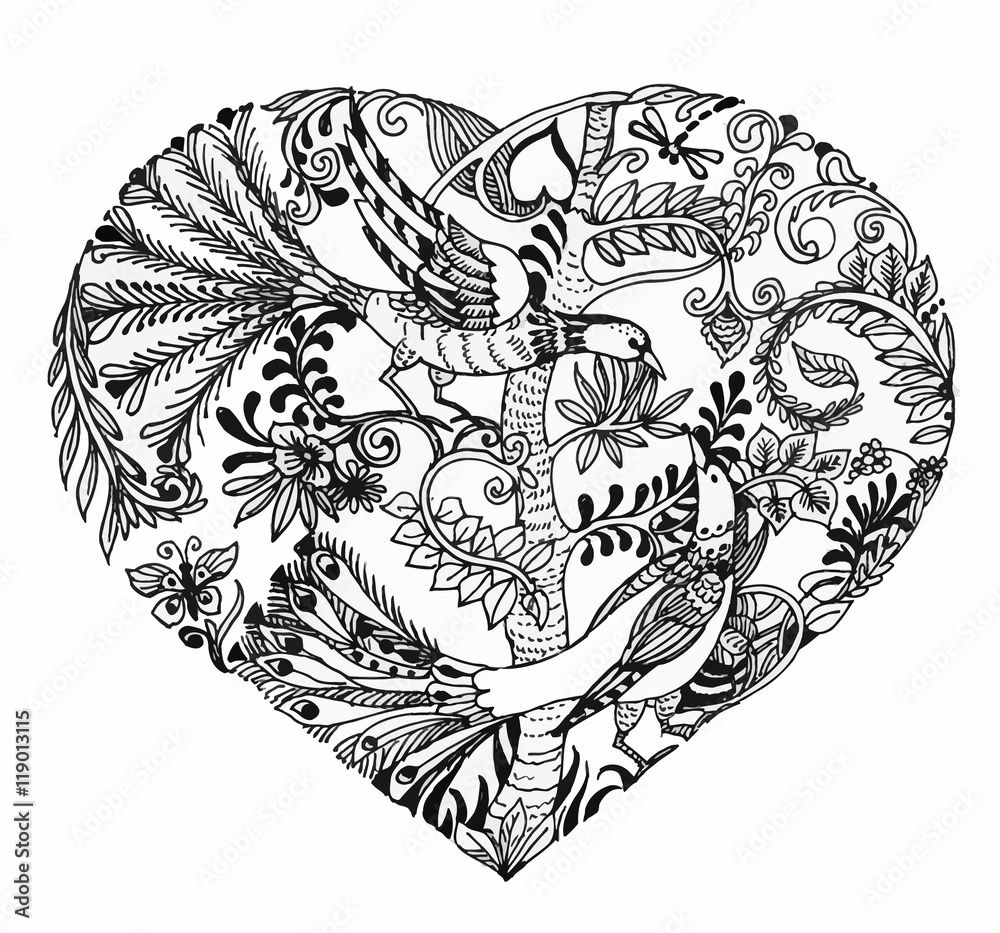 Heart shaped sketch illustration of birds on twig Heart shaped sketch illustration of birds on twig