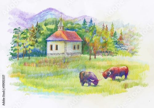 Watercolor rural green summer day village.