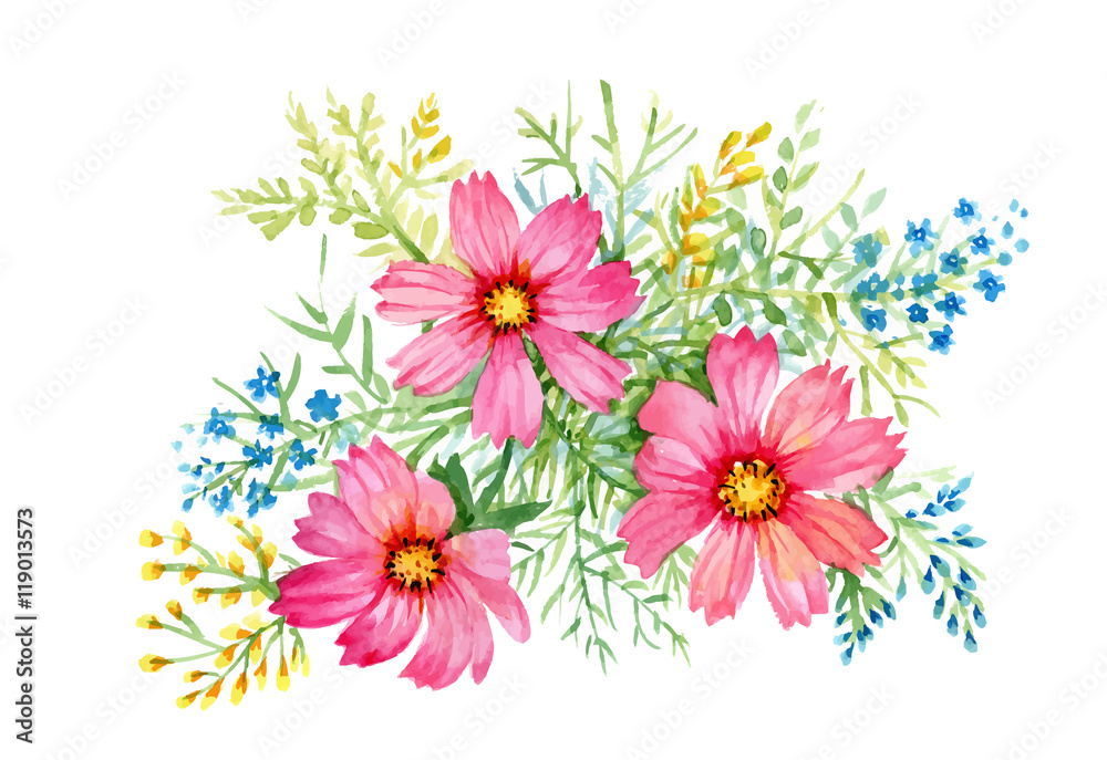 Fototapeta premium Flowers watercolor illustration. Manual composition. Mother s Day, wedding, birthday, Easter, Valentine s Day. Pastel colors. Spring. Summer