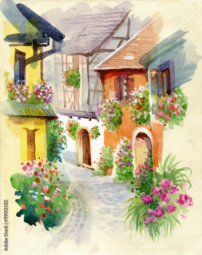 Watercolor rural village in green summer day.
