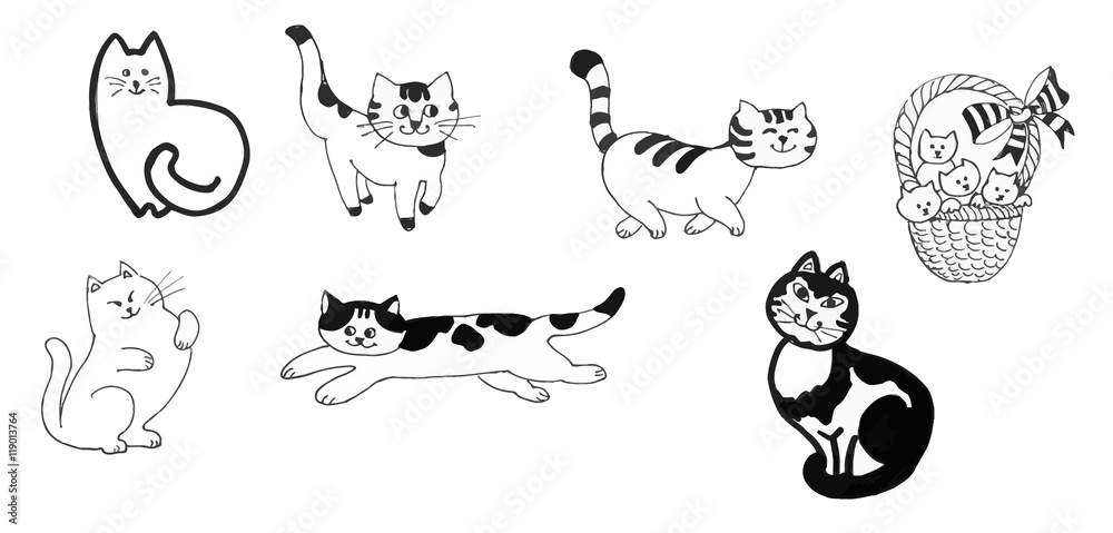 Black and white cats and kittens set ink hand drawn illustration.