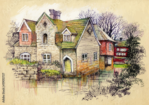 Watercolor rural house in green summer day illustration.