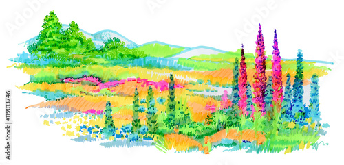 Hand drawn flowers and trees on meadow.