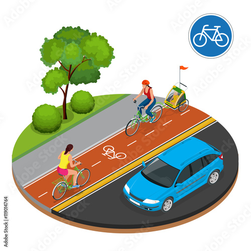 Isometric Bicycle road sign and bike riders