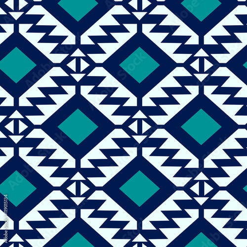 Tribal blue and turquoise geometric seamless pattern