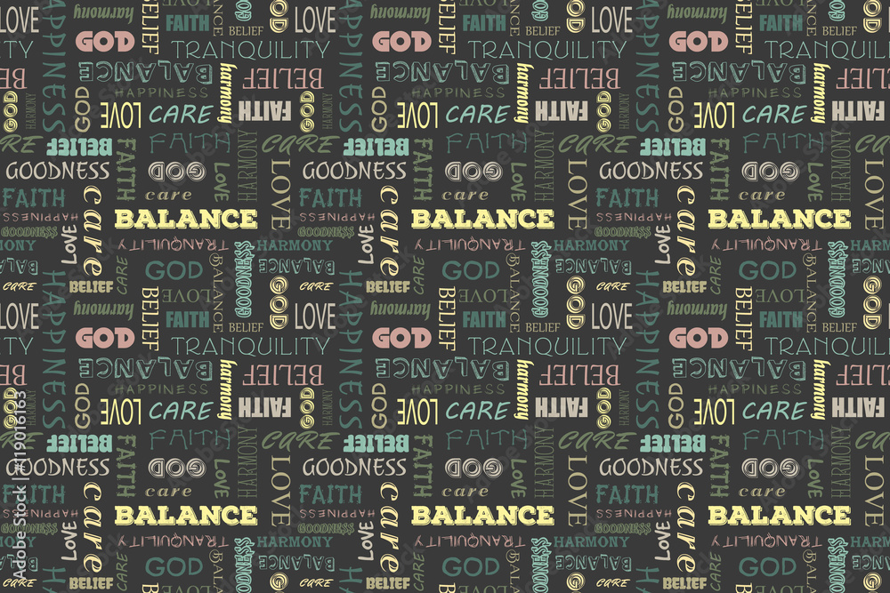 Φωτογραφία Colorful seamless pattern with words: love, peace, balance, happiness, faith, God, belief, care, goodness, tranquility, harmony
