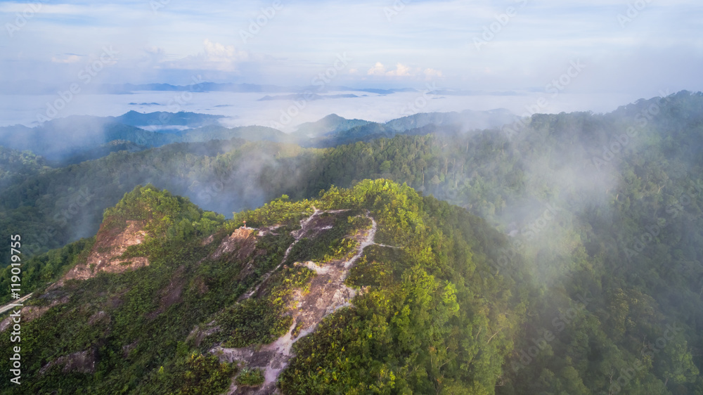 Phu Tajaw is the highest mountain in southern Thailand.in the morning fog on the hilltop fog like the sea Phu Tajaw is the highest mountain in southern Thailand.in the morning fog on the hilltop fog like the sea