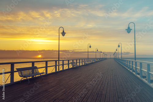 sunset over the sea,wooden pier on the Baltic Sea, Gdynia Orlowo, Poland © Mike Mareen
