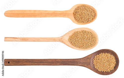 Mustard seeds in wooden scoop over white background