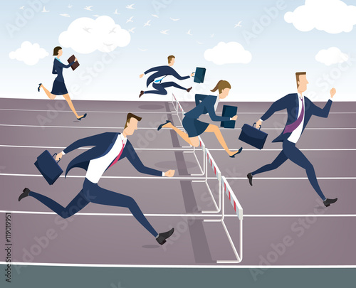 Cartoon character, Businessman and businesswoman jumping over hurdles.