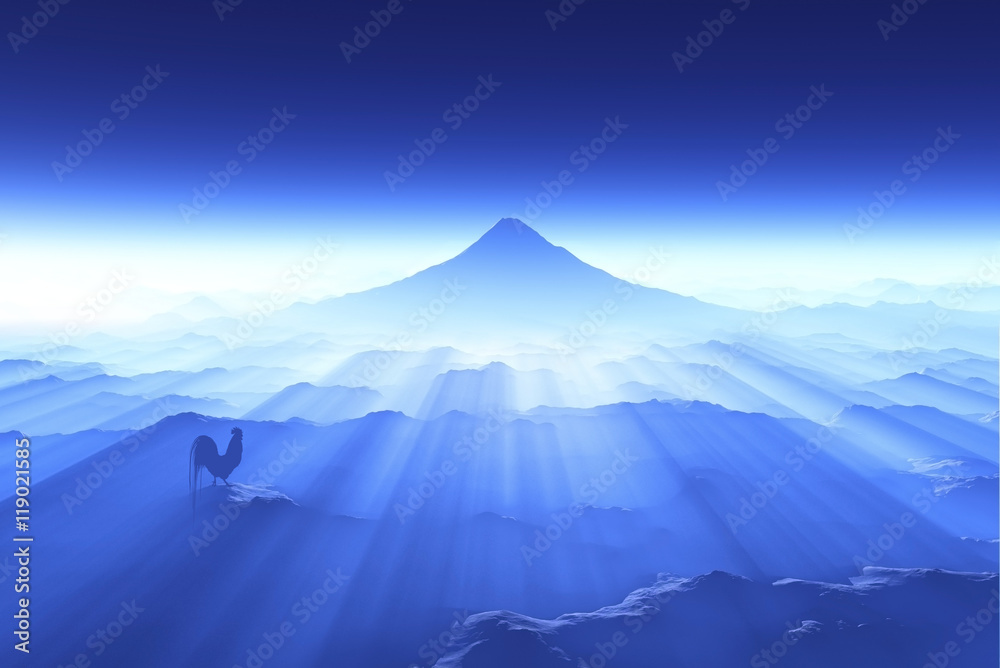 富士山の夜明けとニワトリ