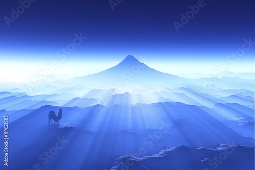 富士山の夜明けとニワトリ