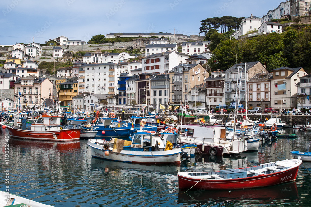 Colored trawlers anchored in a fishing harbor on a sunny day (Luarca, Spain)