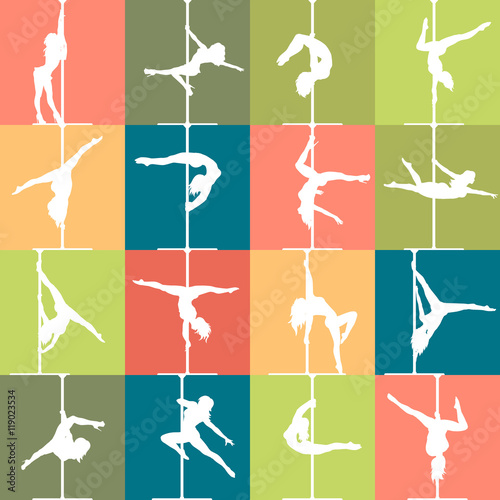 Flat style pole dance and pole fitness icons. Colorful vector silhouettes of female pole dancers.