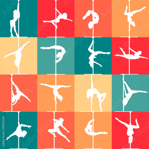 Flat style pole dance and pole fitness icons. Colorful vector silhouettes of female pole dancers.
