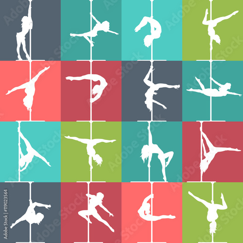 Flat style pole dance and pole fitness icons. Colorful vector silhouettes of female pole dancers.